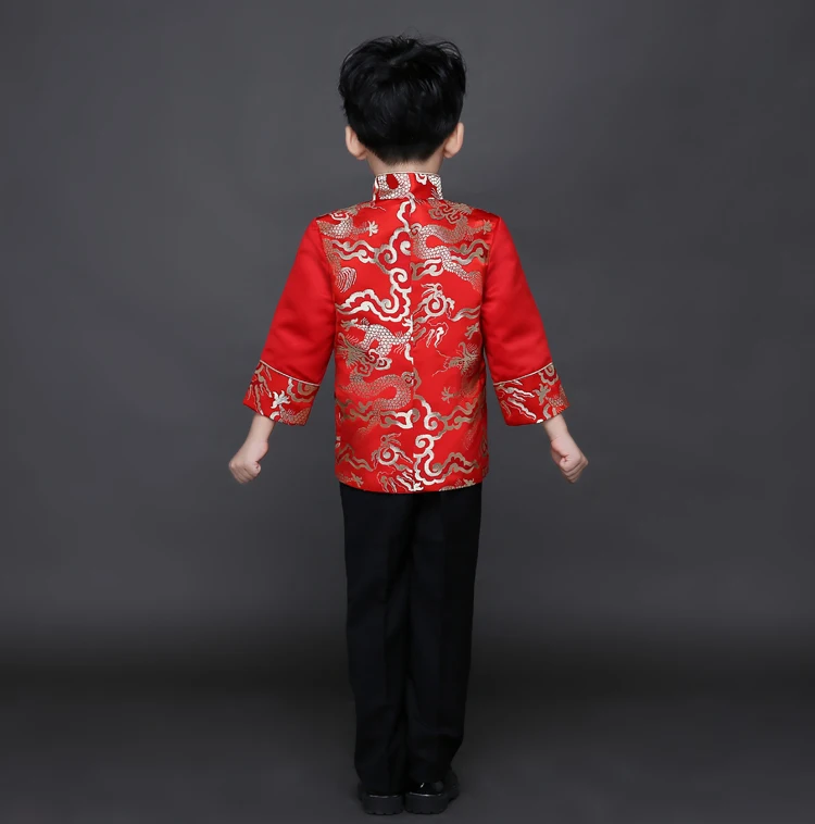 Тан Cheongsam атлас с длинным рукавом пальто свободного кроя красный год костюмы для мальчиков в китайском стиле Ципао детей китайский Стиль весеннее платье