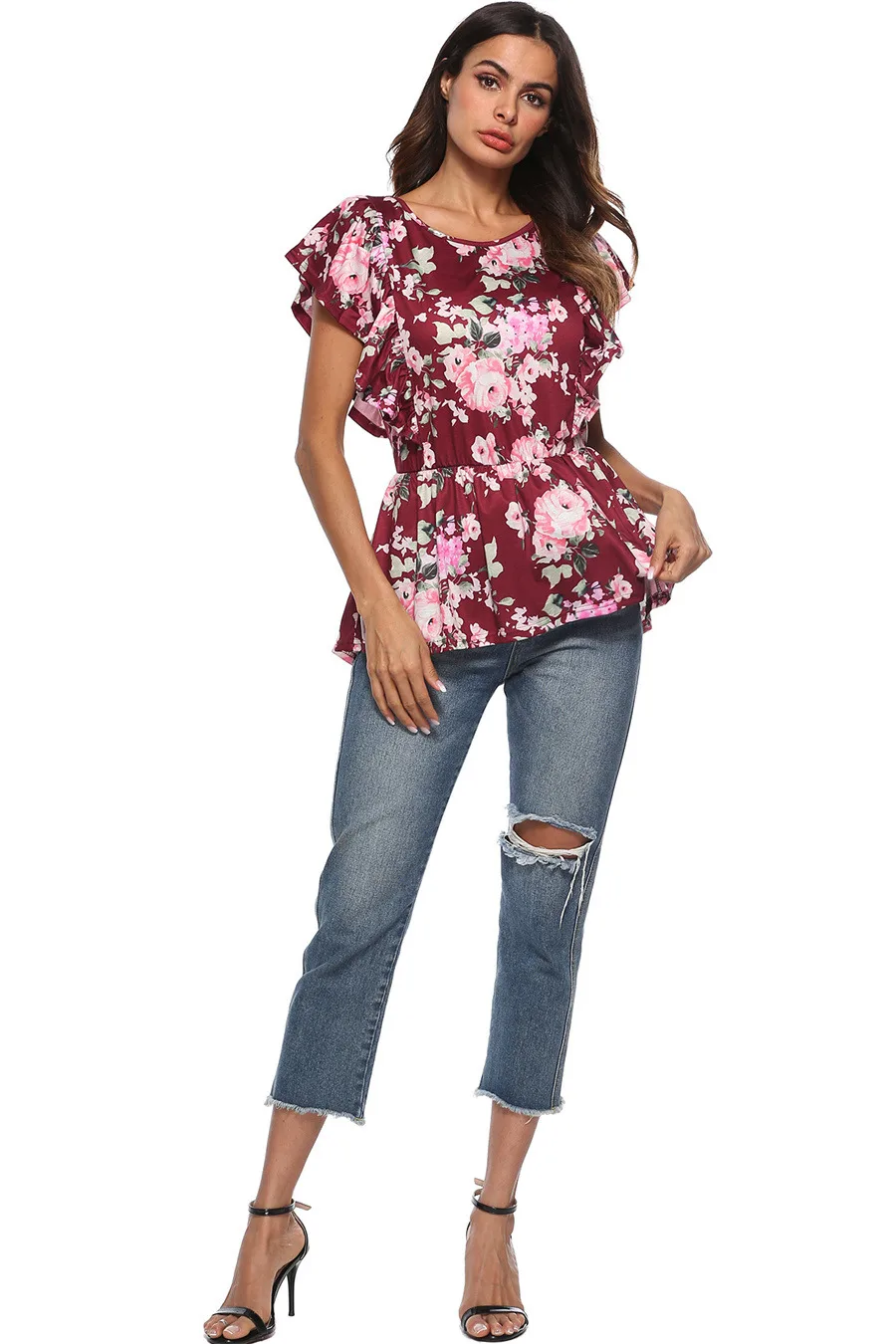 Gladiolus 2018 Floral Print Women T-Shirts O-Neck Butterfly Sleeve Blue Red Slim T Shirt Women Summer Casual Ruffled Ladies Tops (12)