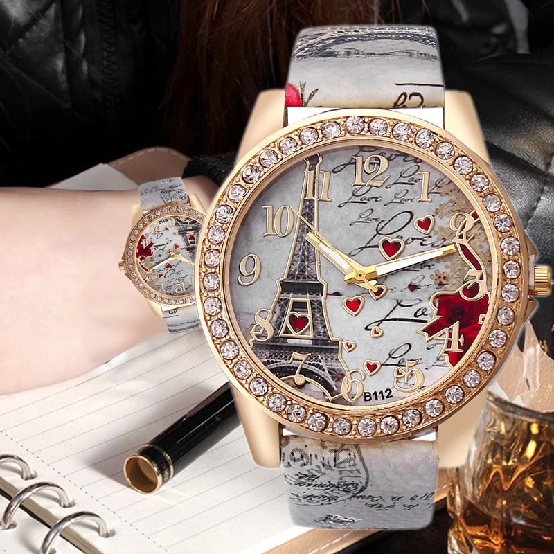 Креативное моделирование Парижская башня Роза для женщин часы Досуг Роскошные Алмаз кожаный ремешок кварцевые наручные часы Relogio Feminino часы