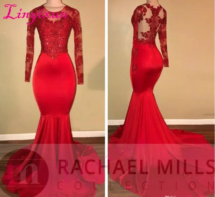 

2018 Sexy Mermaid Prom Dresses Long Sleeves Red Lace Bling Bling Formal Evening Gowns Black Girls vestido de festa longo