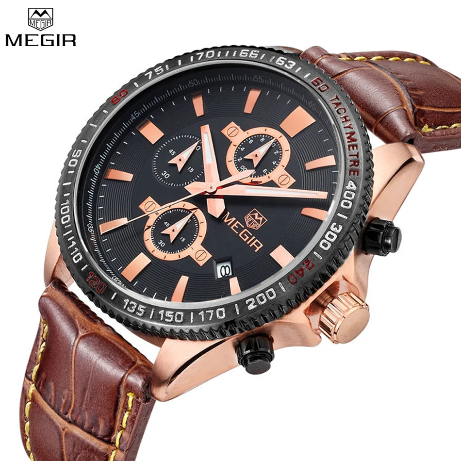 MEGIR Chronograph Sport Watch Men Analog Digital Watch Luxury Genuine Leather Band Fashion Men Watches Relogio