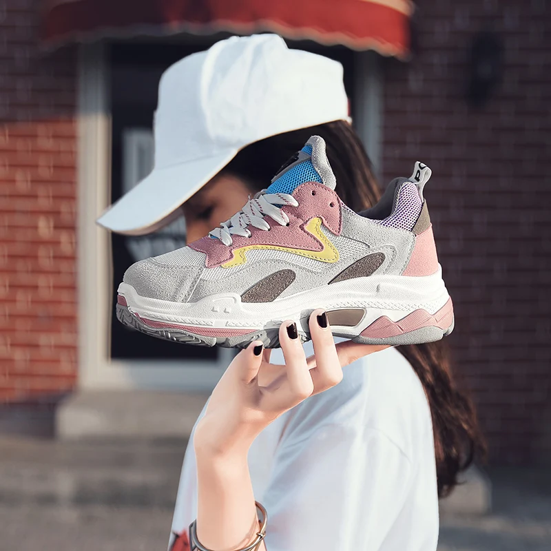

Women's Chunky Sneakers 2018 Fashion Women Platform Shoes Lace Up Pink Female Trainers Dad Shoes Bambas Plataforma Mujer