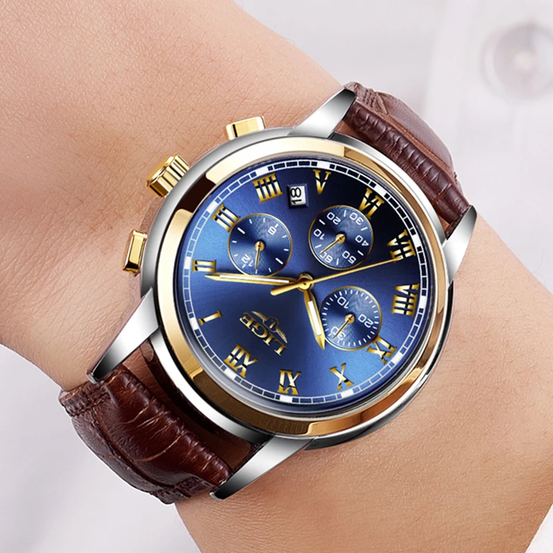 2018 New Watches Men Luxury Brand LIGE Chronograph Sports Watches Men's Waterproof Leather Quartz Analog Clock Relogio Masculino