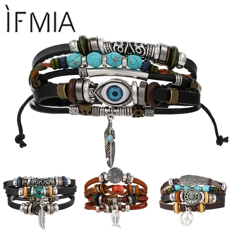 

IFMIA BOHO Tibet Stone Feather Multilayer Leather Bracelet Eye Fish Charms Beads Bracelets for Men Vintage Punk Wrap Wristband