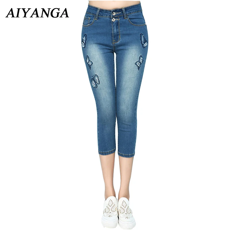Large Size Jeans Women Calf Length Pants embroidery Jean 2018 Summer