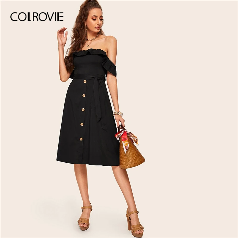 

COLROVIE Black Off the Shoulder Flounce Foldover Belted Button Shirred Holiday Dress Women 2019 Summer Flared Midi Lady GDresses