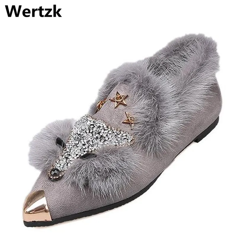 

Wertzk 2018 autumn winter Women's Shoes high quality fur Flats shoes Pointed Toe warm Shallow women rhinestone Fox Shoes L311