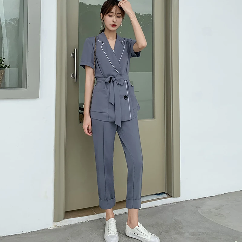 

Casual Double Breasted Women Pant Suit Short Sleeve Notched Blazer Jacket & High Waist Pant 2019 Lace Up Office Wear Women Suits