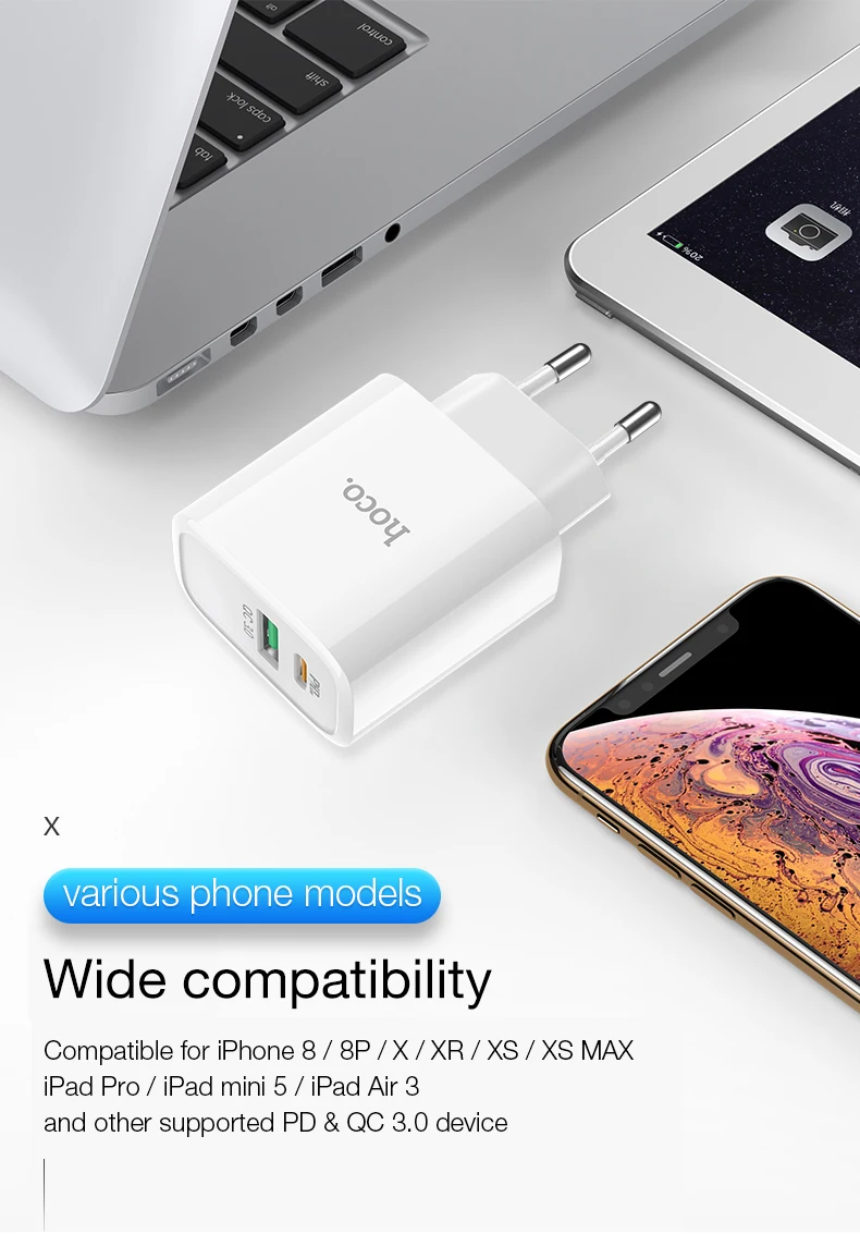 HOCO 18 Вт PD зарядное устройство для iPhone 8 8Plus X XR XS MAX мобильного телефона QC3.0 PD USB зарядное устройство адаптер для iPad Pro Mini 5 iPad Air 3