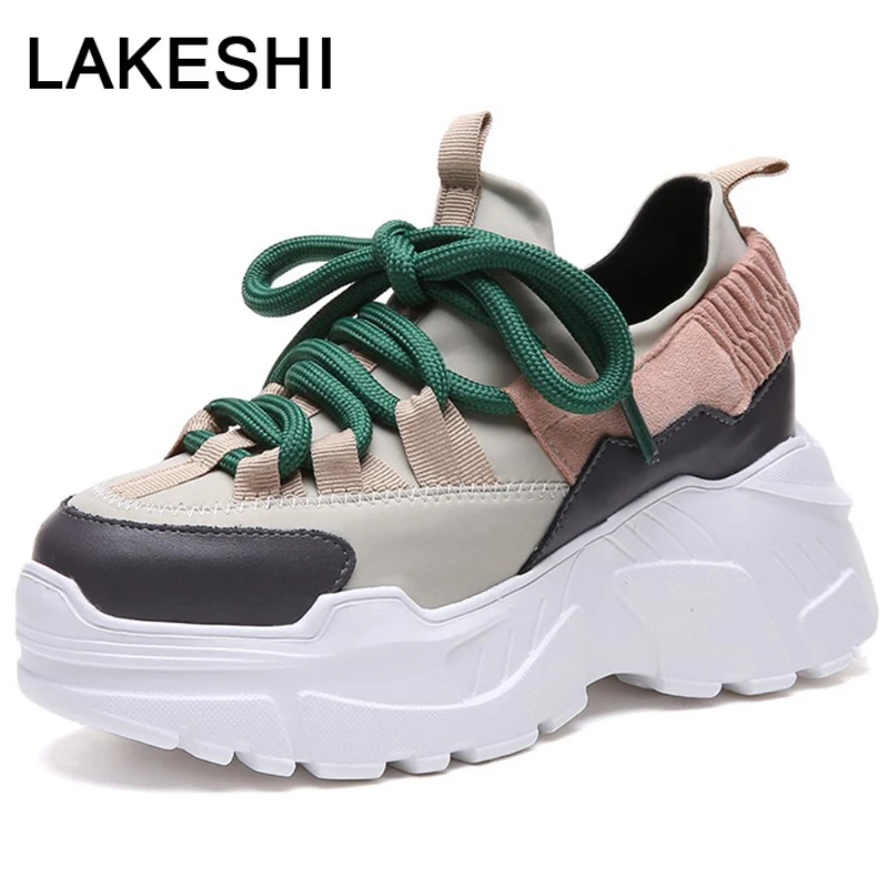 

LAKESHI Platform Sneakers Women Thick Causal Shoes Height Increasing 7CM Chunky Shoes Woman Chaussures Femme Vulcanized shoes