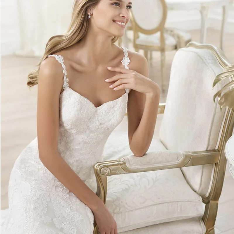 

Fansmile 2019 New Spaghetti Straps Lace Mermaid Wedding Dress Gown Customized Plus Size Vestido De Noiva Wedding Gown FSM-501M