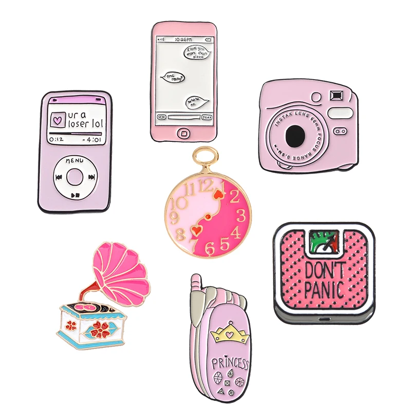 

Pink MP3 Camera Mobile phone Scale Alarm clock Phonograph Electronics collection Brooch Enamel Button Pins Clothes Bag Badges