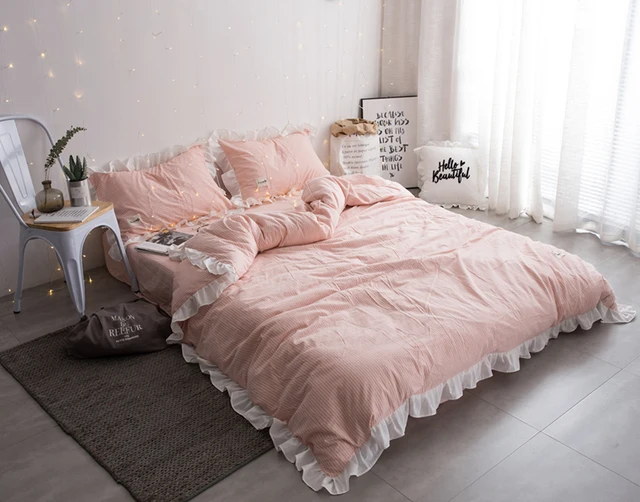 100 cotton washed fabric fancy girls princess bedding sets light pink and white striped sheets