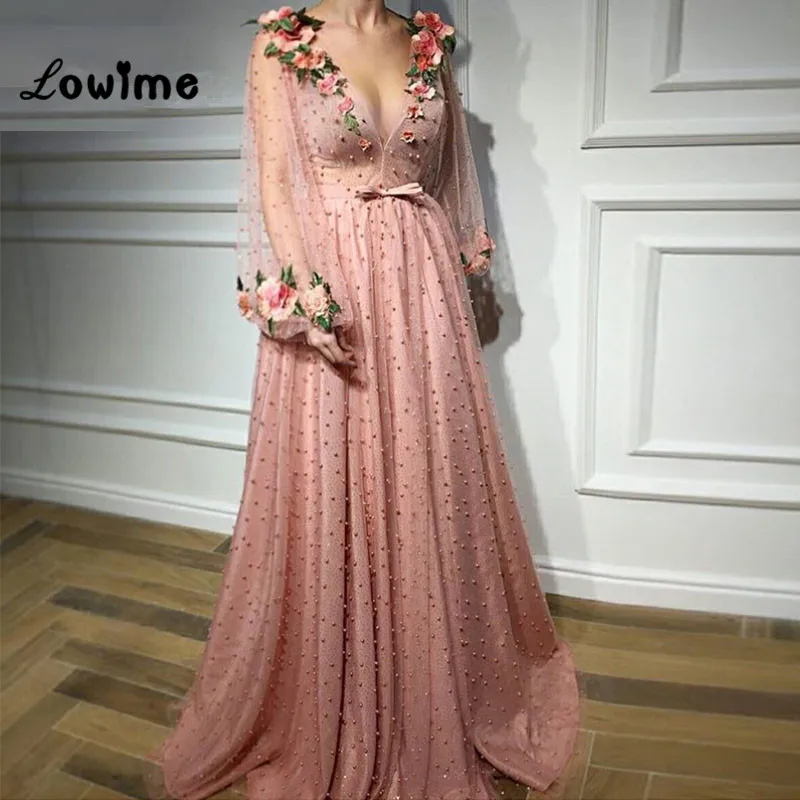 Embroidery Evening Dresses Deep V Neck Prom Dress 2018 New Arrival Puffy Sleeve Pink Party Gown Vestido De Festa Longo Custom | Свадьбы и