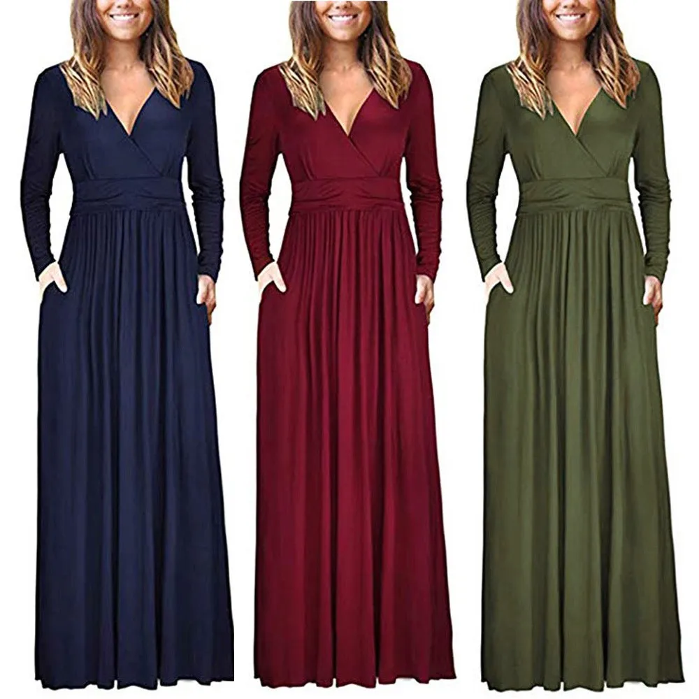 

Women's V Neck Loose Swing Long Sleeve Casual Floor Length Maxi Long Dresse comfortable touch Drop Shipping