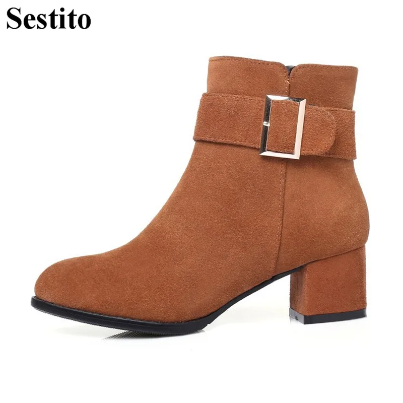 

New Concise Black Brown Buckle Comfortable Woman Boots Round Toe Ankle Boots For Women Med Square Heel Zip Keep Warm Women Shoes
