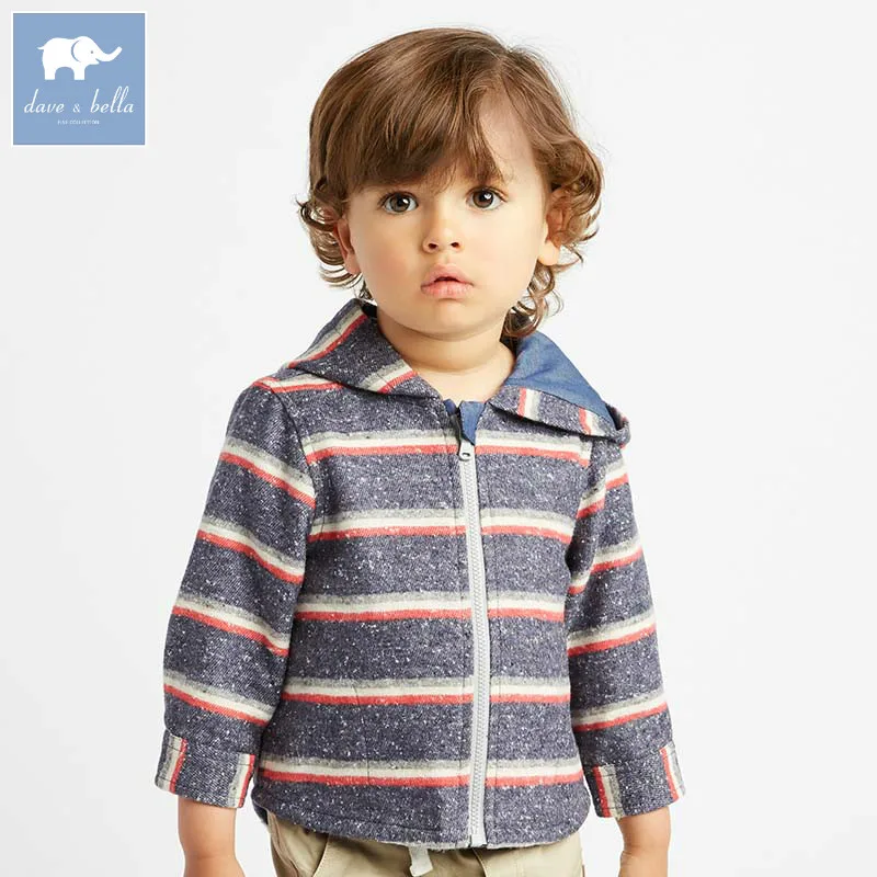 DB8443 dave bella/Одежда для маленьких мальчиков детское осеннее Полосатое пальто с капюшоном детское шерстяное пальто
