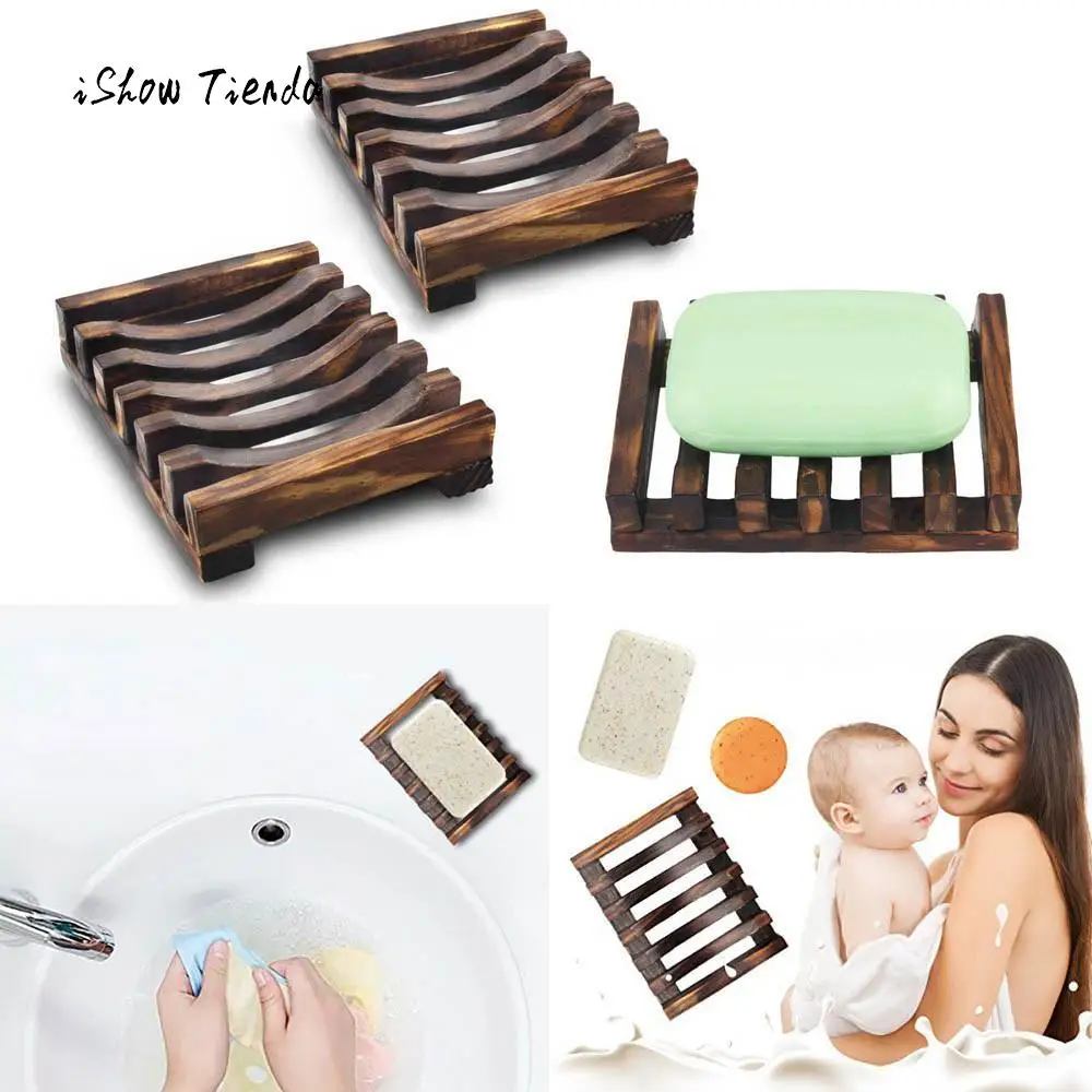 2 Piece Natural Wood Soap Dish Bathroom Wooden Soap Case Holder Sink