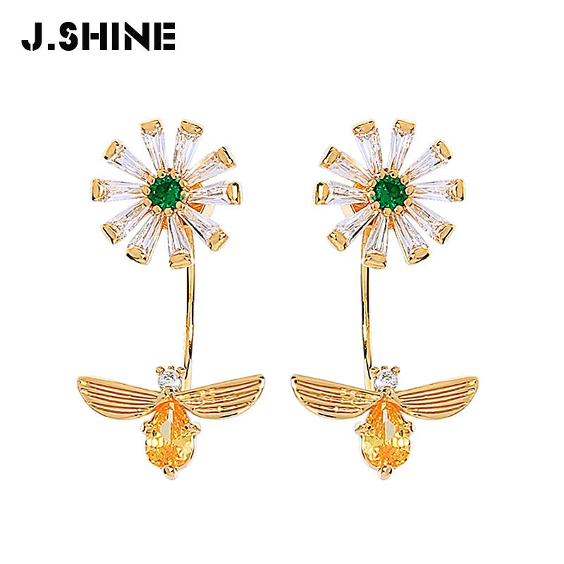 JShine Для женщин серьги 2019 cz, висящие сережки медные, золотистого цвета цветок пчела кубического циркония Съемная насекомых серьги в