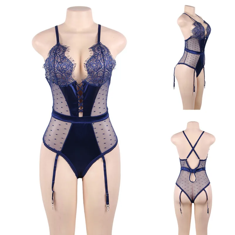 Comeondear Lace Bodysuits Plus Size Women Transparent Jumpsuit Sexy Teddy Satin Overalls Body Mujer With Garter Belt RB80651