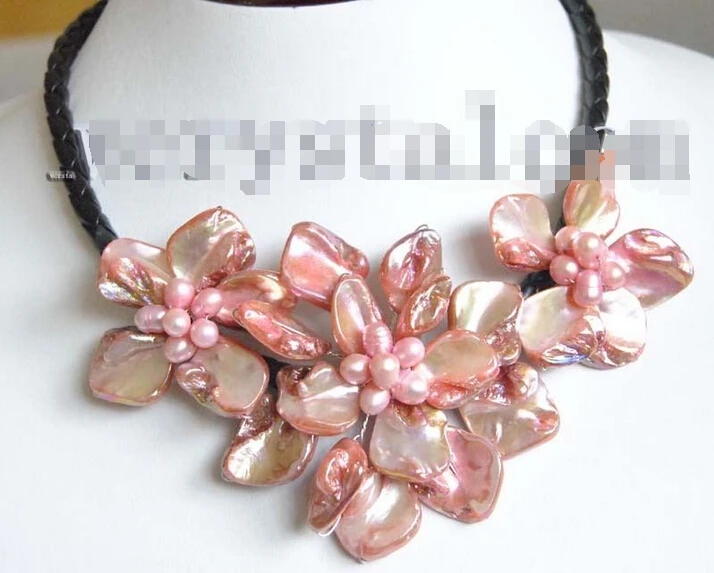 

Nice PINK baroque shell cultured pearl three flower bloom necklace@^Noble style Natural Fine jewe FREE SHIPPING