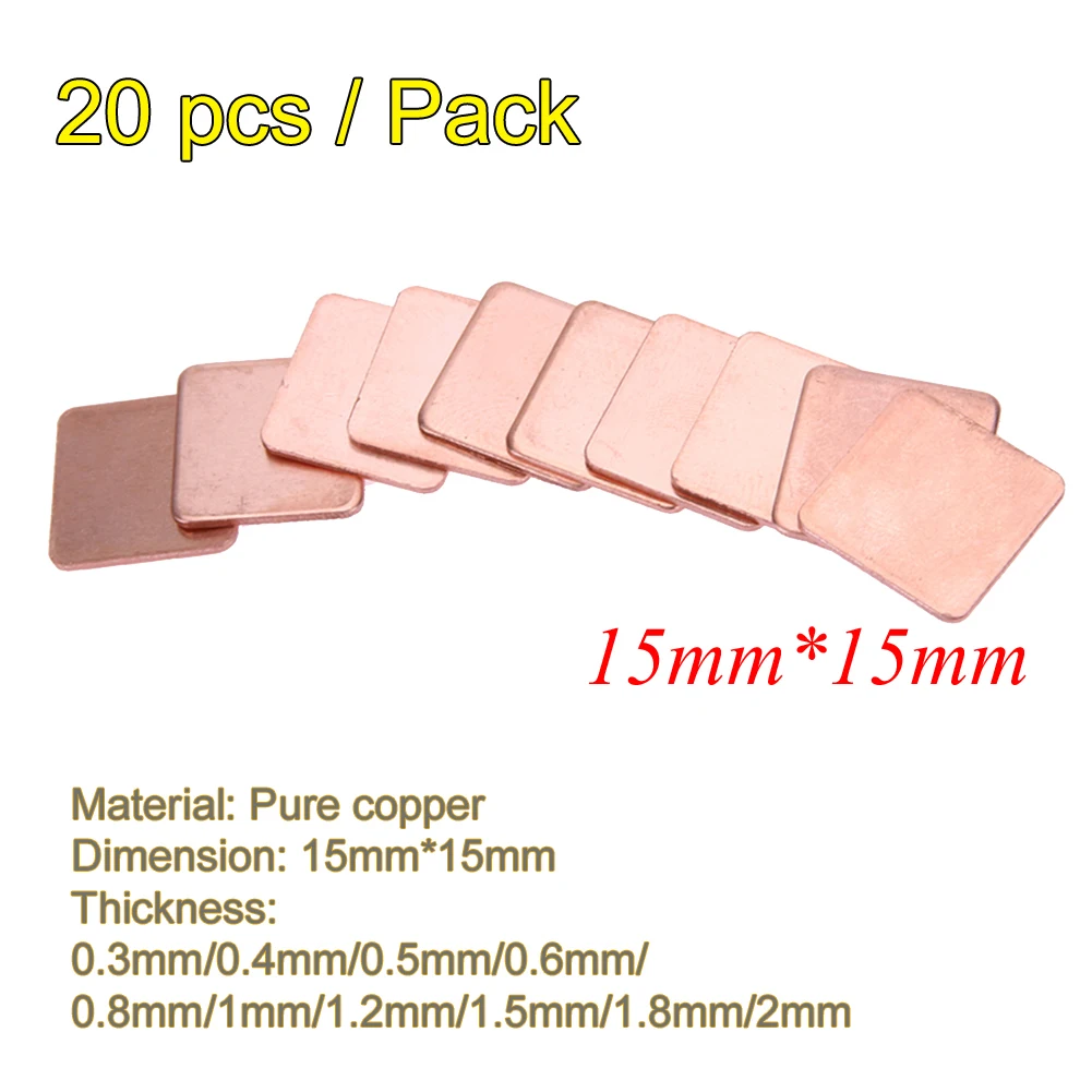 20 قطعة/الوحدة 15x15 مللي متر 0.3 مللي متر إلى 2 مللي متر DIY النحاس شيم لوحة حرارية غرفة تبريد الحرارة بالوعة ورقة ل محمول GPU وحدة المعالجة المركزية ...