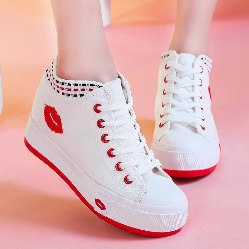 

women's canvas shoes Trifle platform Height increasing shoes  female students lace-up flat casual shoes white high-top shoes