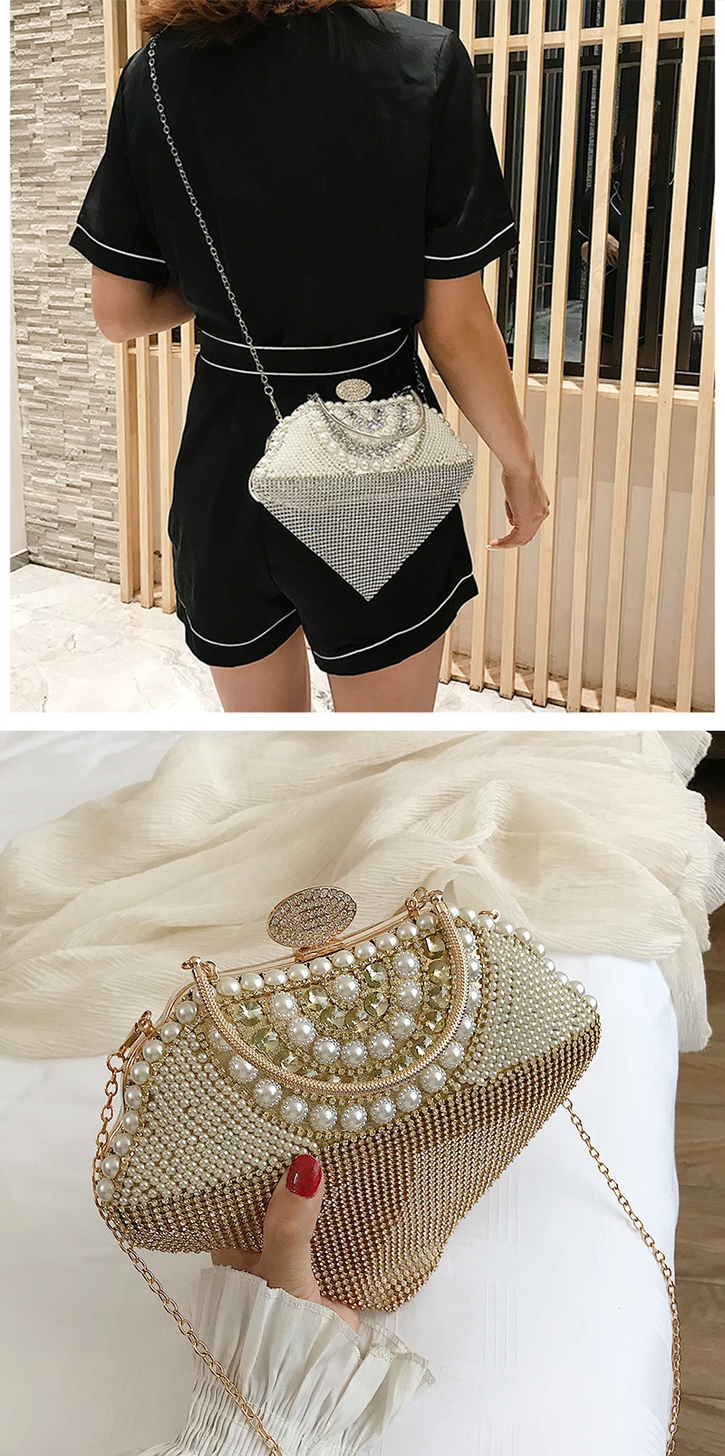 Newest tassel crystal women bag luxury imitation pearl evening bags wedding beaded day clutches small purse bag