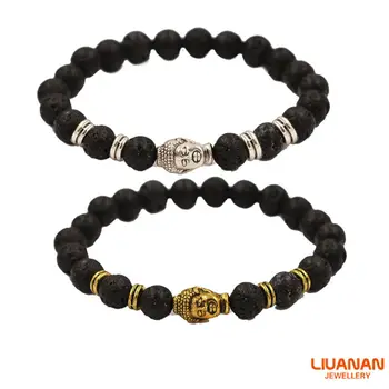 

Liuanan 10pcs/Lot hot sale! Women, Men Lava Rock Natural Stone Buddha Head Beaded Cuff Bracelet Energy Stretch Bracelets