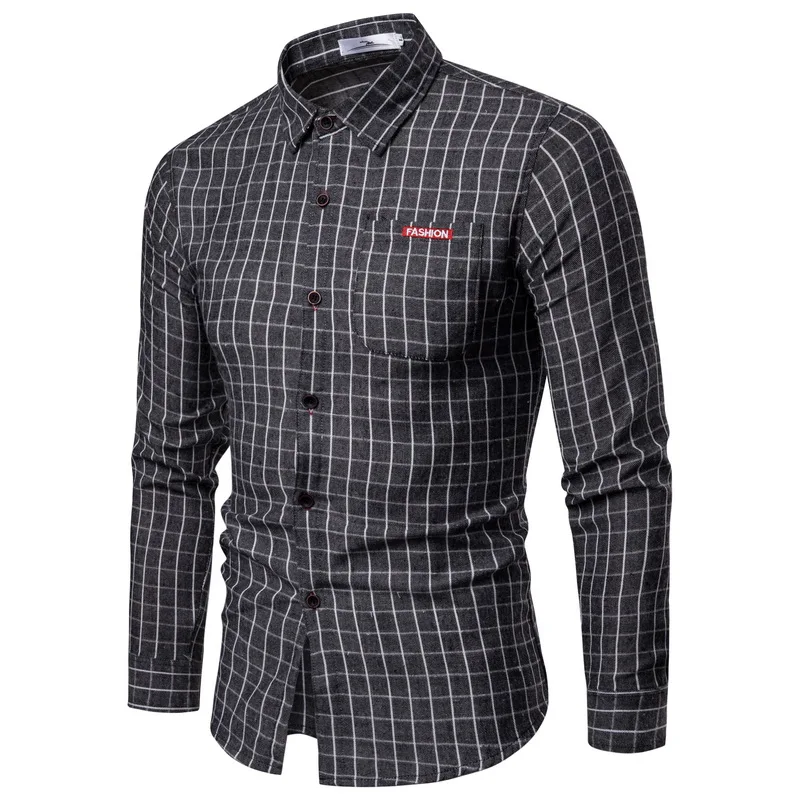 Drop Shipping Men Plaid Shirt Long Sleeve Flannel Shirts 2019 Fashion Casual Checkered Cotton Chemise Homme Man Clothes Black