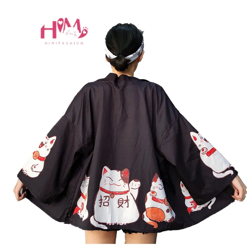 Baratos Kpop Ulzzang Cute negro Kimono mujer verano japonés Harajuku Street Shirts Vintage Kawaii Cat blusas Mujer Rebeca camisetas
