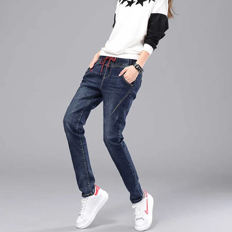 Skinny Jeans Women Elastic Waist Slim Fit Dark Blue Streetwear Pencil Pants Korean Version Skinny Jeans Women Elastic Waist Slim Fit Dark Blue Streetwear Pencil Pants Korean Version