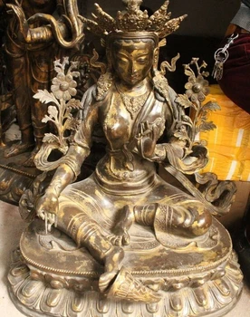 

29"Tibet Tibetan Buddhism Bronze Gild Seat Green Tara Goddess Buddha Statue