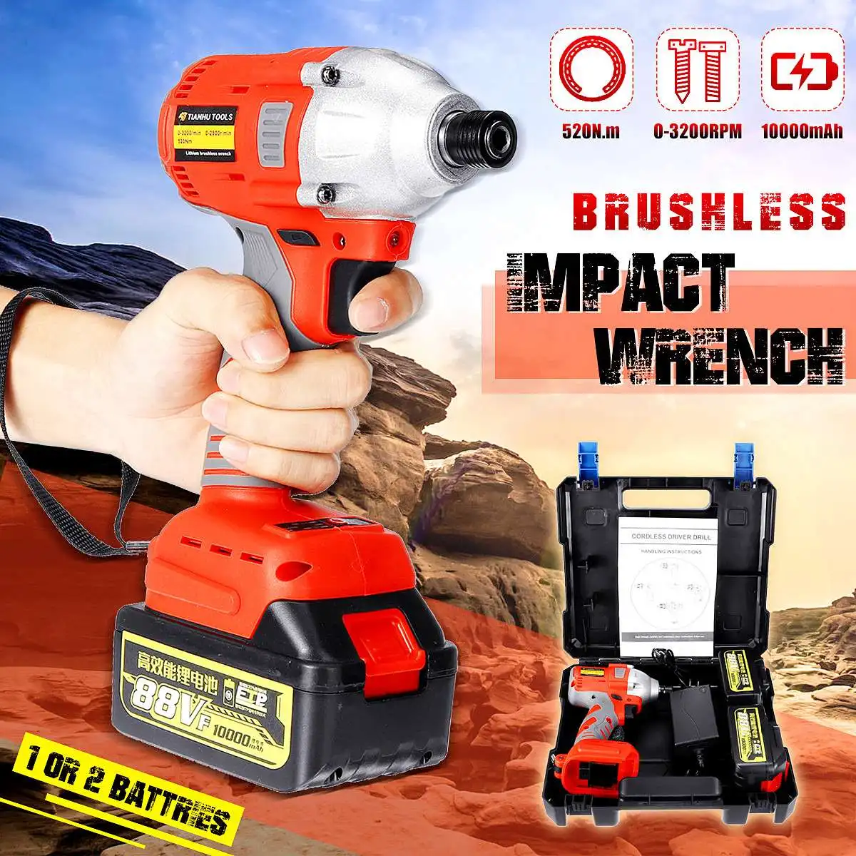 

220v Brushless Cordless Impact Electric Wrench 520N.m Max Torque Household Wrench Power Tool 10000mAh Li Battery Hand Drill