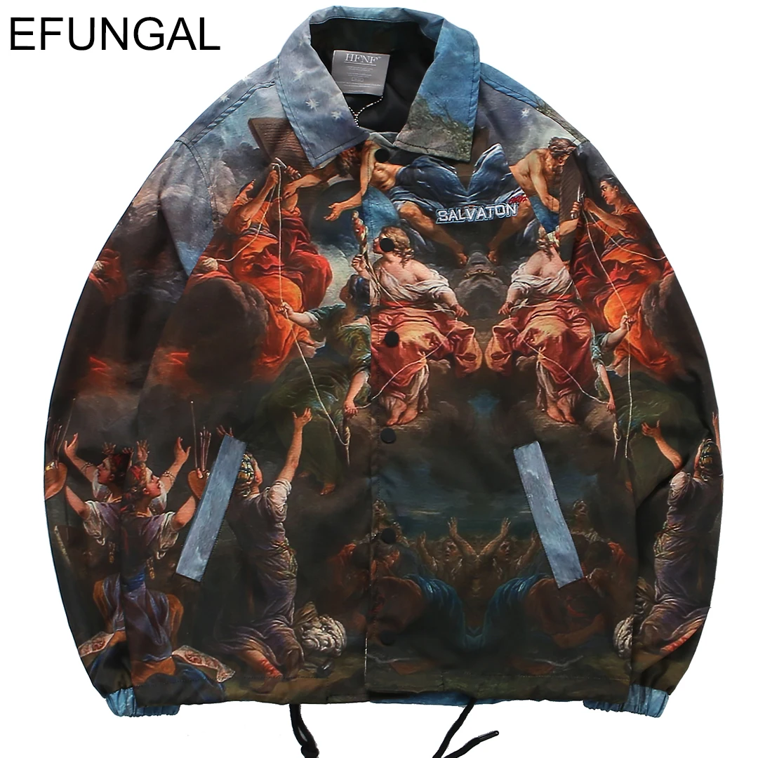 

EFUNGAL Vintage Pattern Print Hip Hop Jackets Men Single Button Fashion Streetwear Skateboard Windbreaker Coats Casual Jacket