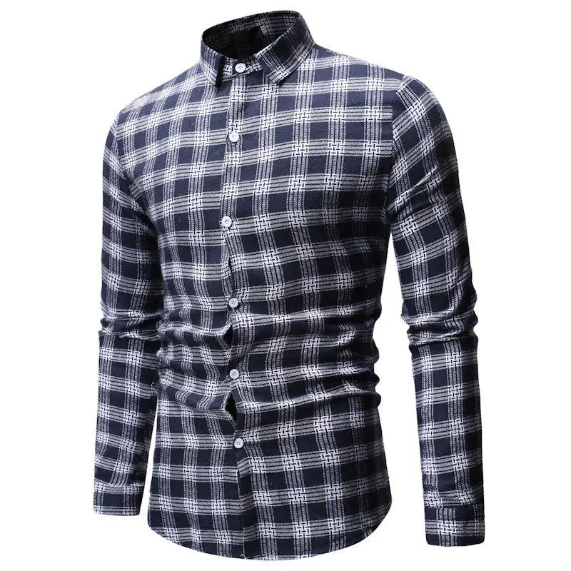 

Plaid Long sleeve Shirt Men Lapel Blouse Men's Clothing Lattice Check Design Camisa social Casual Men's Shirts Gray Red Blue