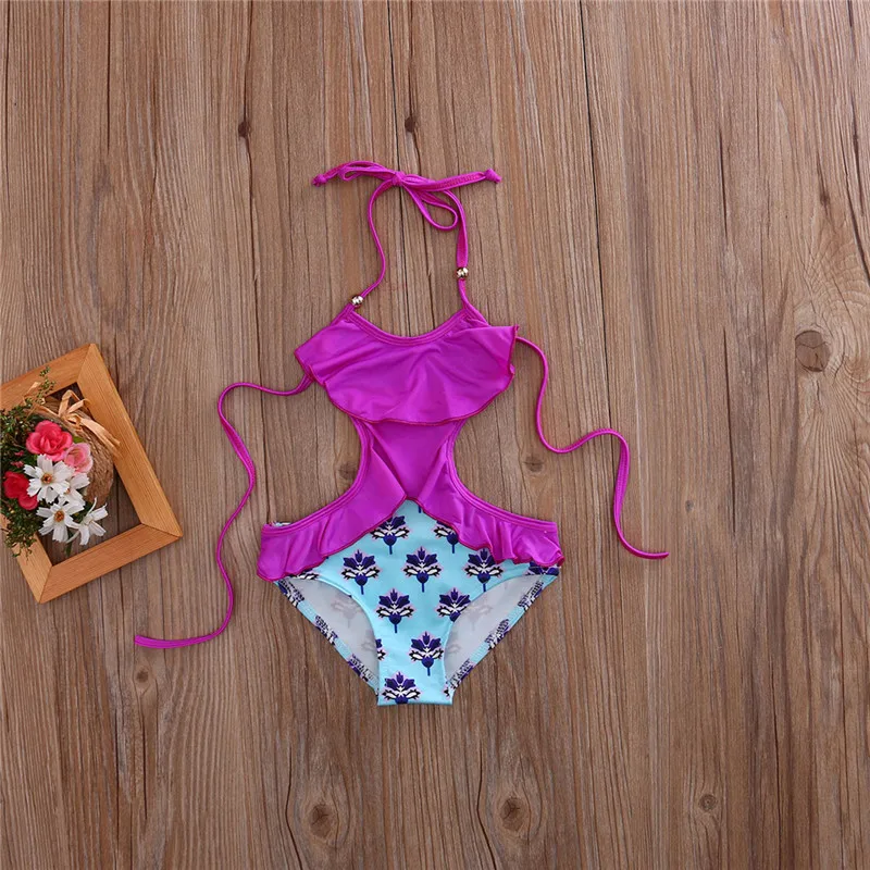 Малыша с открытой спиной для маленьких девочек с лямкой на шее Цветочный купальник, одежда для плавания летняя хлопковая футболка для девочек, с кружевными оборками и купальная одежда