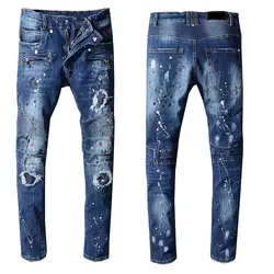 Новый стиль Франции #1060 # мужские потертые Oiled Moto брюки рваные синие узкие джинсы байкерские джинсы стрейч тонкие брюки размер 29-42