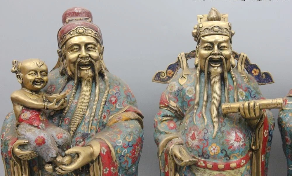 Китайский Бронзовый перегородчатой три бога Lucky Fukurokuju Фу Лу Шоу статуя Будды