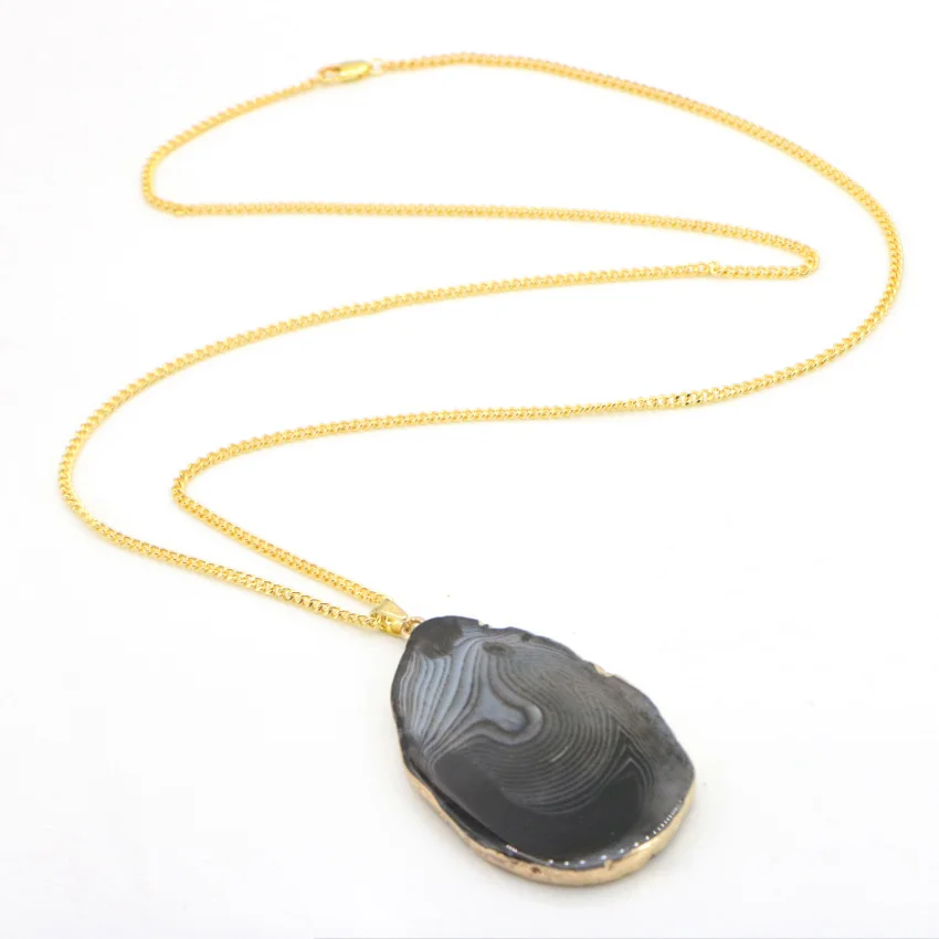 Natural Black Agate Pendant gold plated necklace (4)