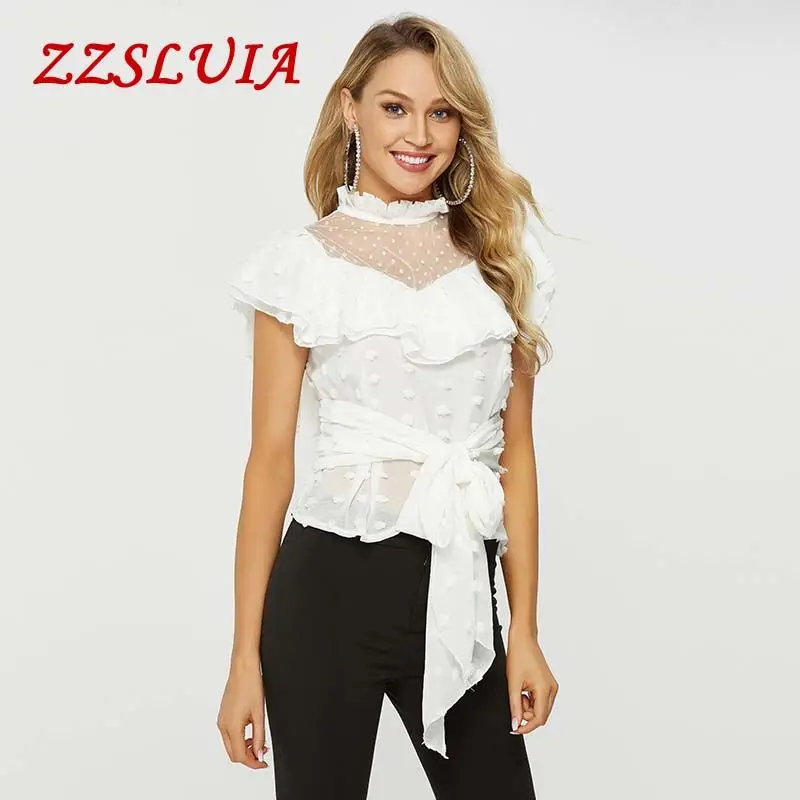 

2019 new brand polka dot pattern ruffles bow designer ruffled collar slim short women's blouses shirts female