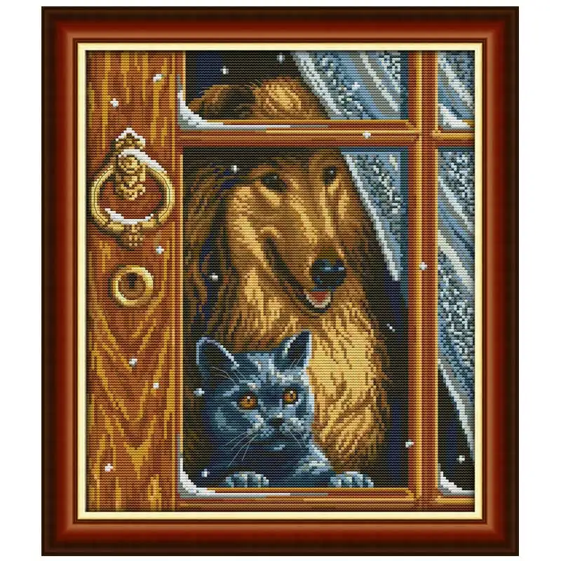 

Inside the window dog cat counted printed on the canvas DMC 11CT 14CT DIY kits Chinese Cross Stitch embroidery needlework Sets