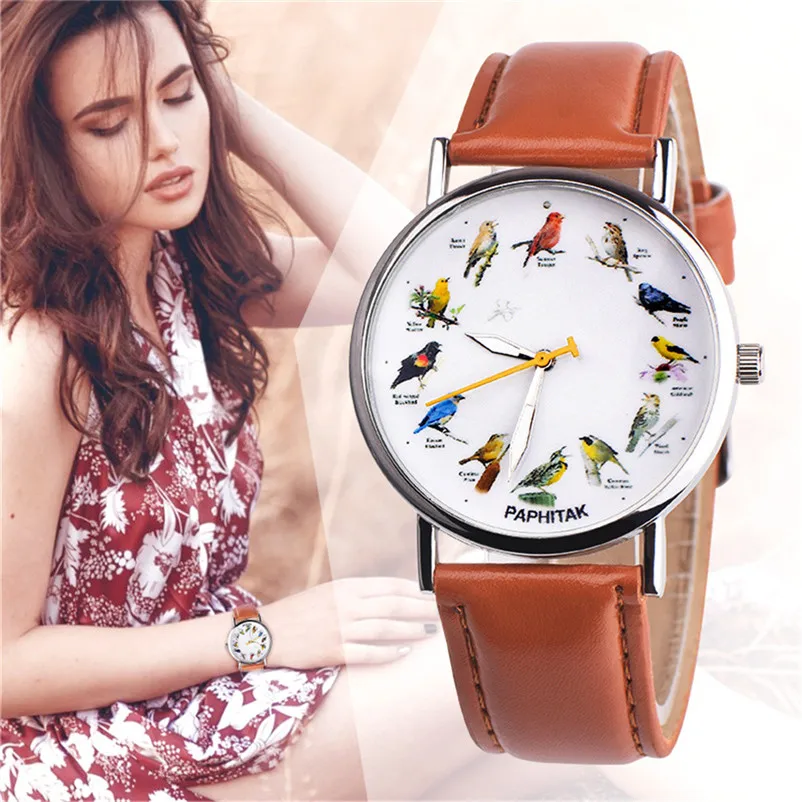 Fashion Women Watches Ladies Casual Watch Couple Retro Bird Design Leather Band Analog Alloy Quartz Wrist Watch Clock J13#N (7)