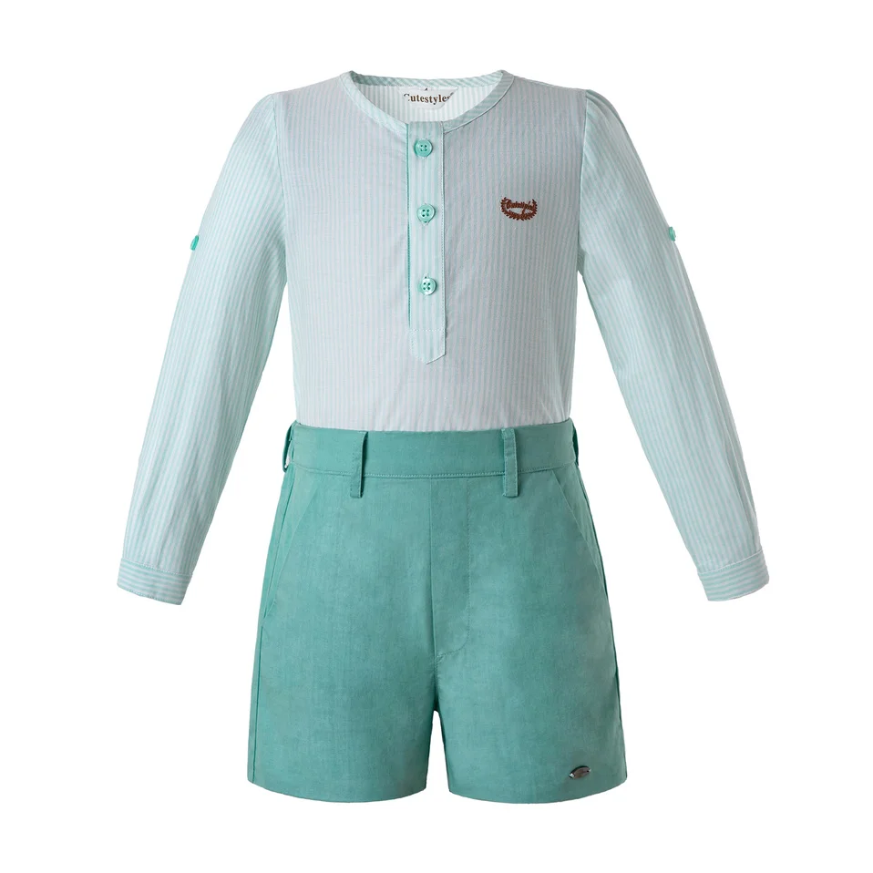 

Pettigirl Wholesale Mint Green Boys Long Sleeves Clothing Sets White Single Row Button Design Child Clothes B-DMCS201-C140