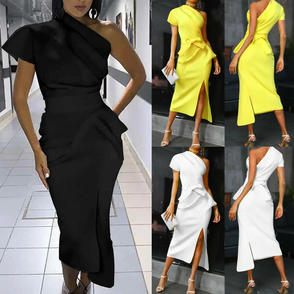 

Club Sundress Women Summer Sexy One Shoulder Bodycon Dress Ladies Lace Up Short Sleeve Party Solid Dresses