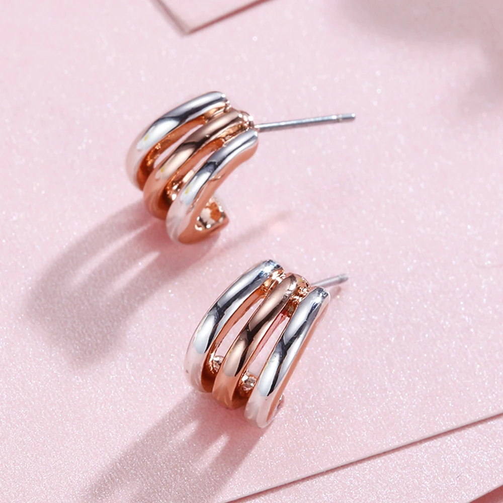 Viennois New Silver & Rose Gold Color Metallic Stud Earrings for Women Triple layers Semicircle Small Earring Trendy Jewelry