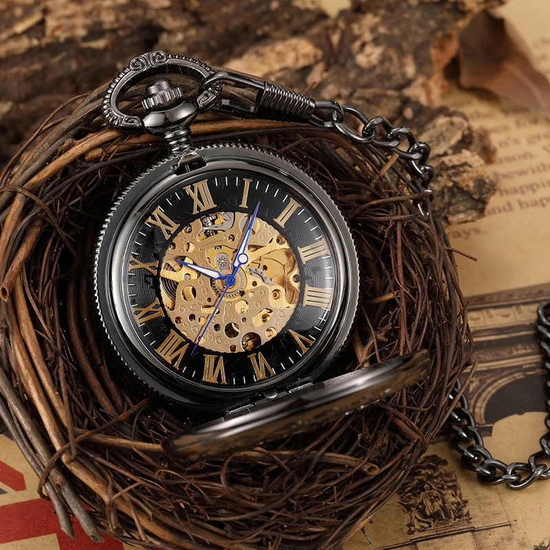 Ретро крест гравировкой ручной Ветер Механические карманные часы Для мужчин Hollow Скелет Черный стимпанк Neckalce брелок унисекс Для мужчин