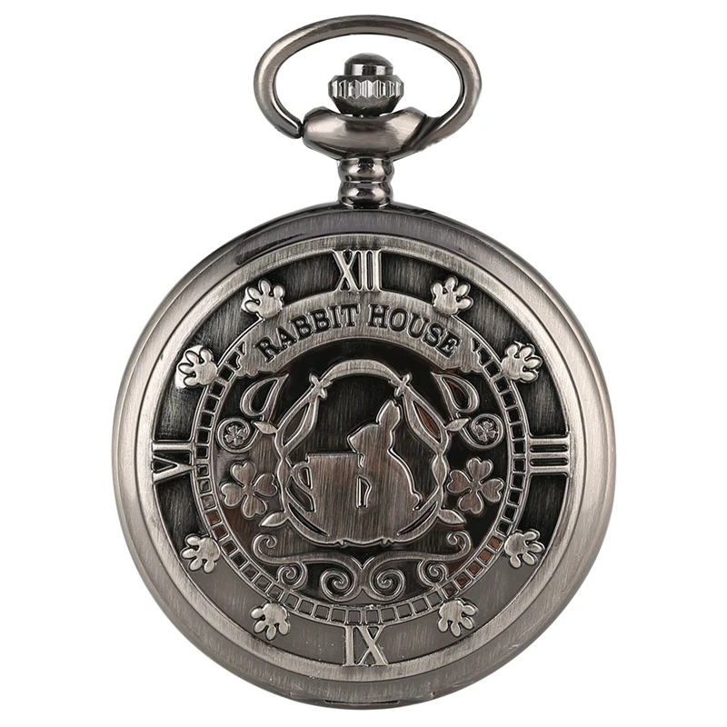 

New Retro Grey Alice in Wonderland Theme Rabbit House Display Quartz Pocket Watch Vintage Necklace Pendant Watch Chain Men Gifts