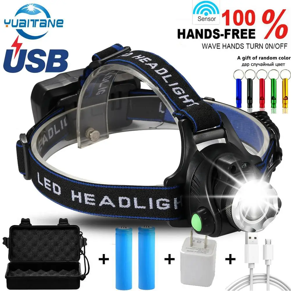 

12000 Lumen IR Sensor Headlamp V6/L2/T6 Headlight Induction USB Rechargeable Lantern LED Torch FlashLight for Fishing by 18650