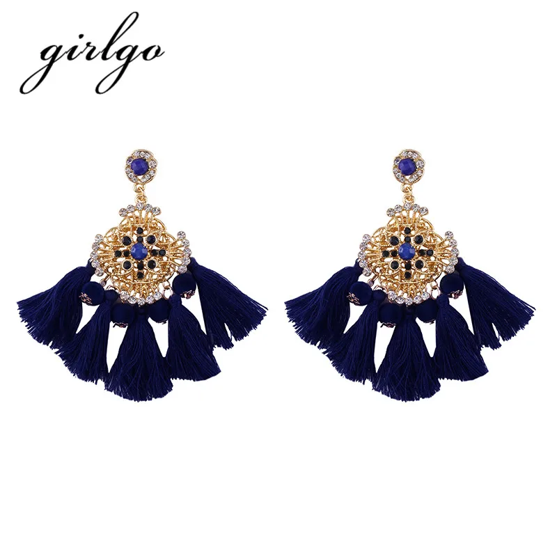 

Girlgo Boho Charm Fringed Bijoux Wholesale Bohemian Blue Sector Tassel Drop Dangle Statement Earring Women Cheap Fashion Jewelry